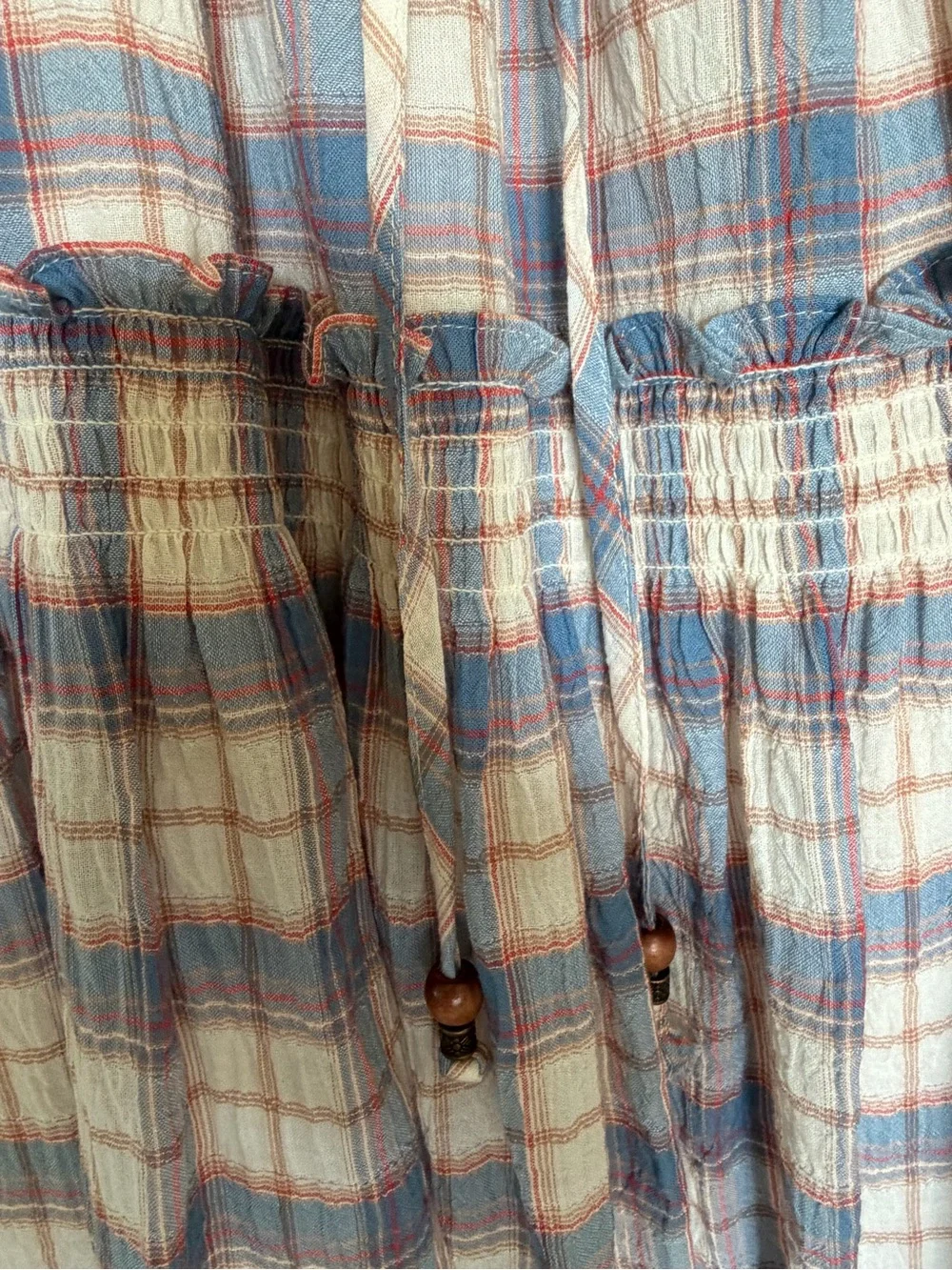 Plaid Puff-Sleeve shirt and skirt in Soft Blue and Cream